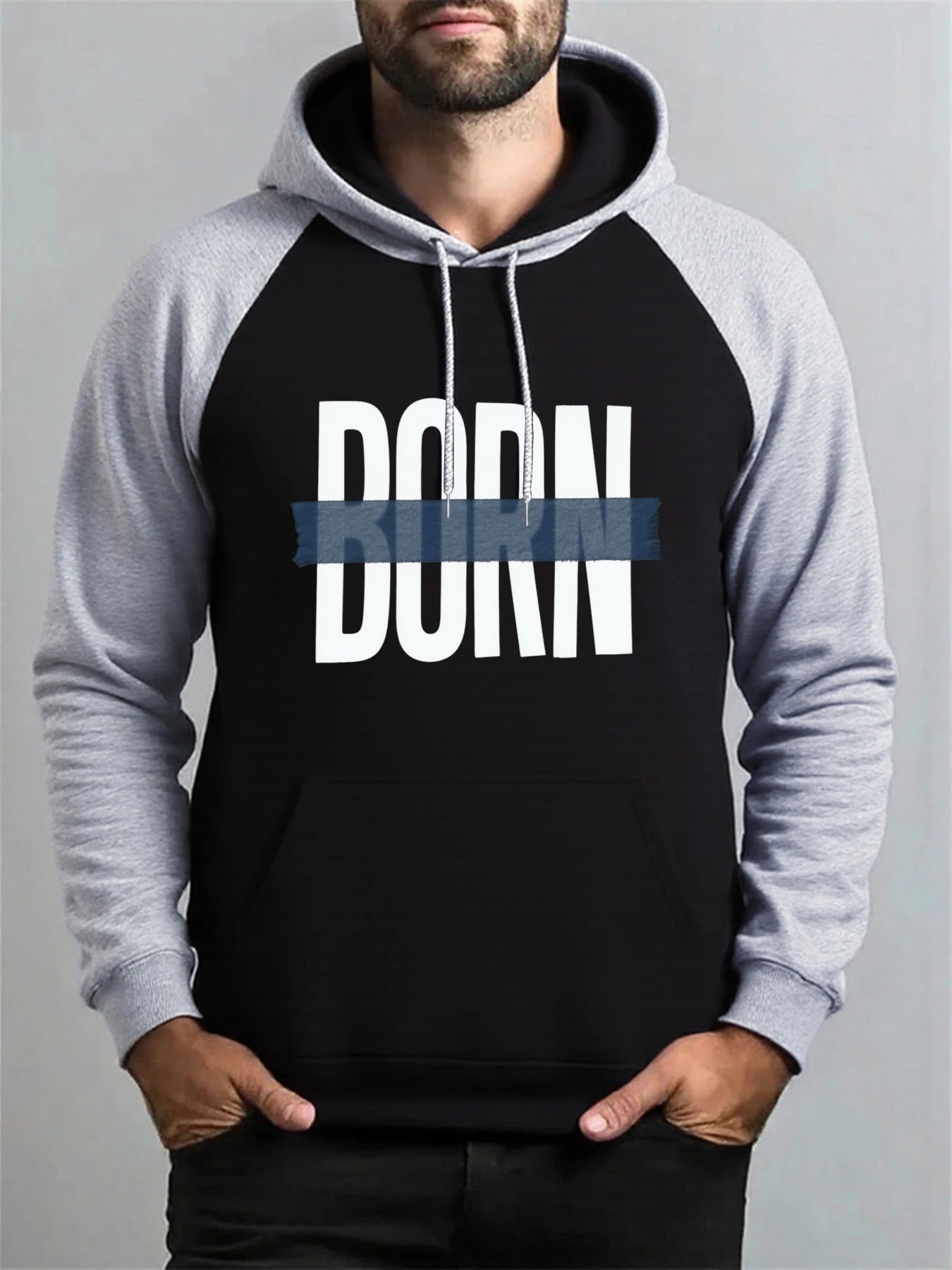 Born Adhesive Tape Prints Men Raglan Hoodies All-Match Hoody Fleece Casual Clothes Street Hip Hop Pullover Autumn Fashion Coat