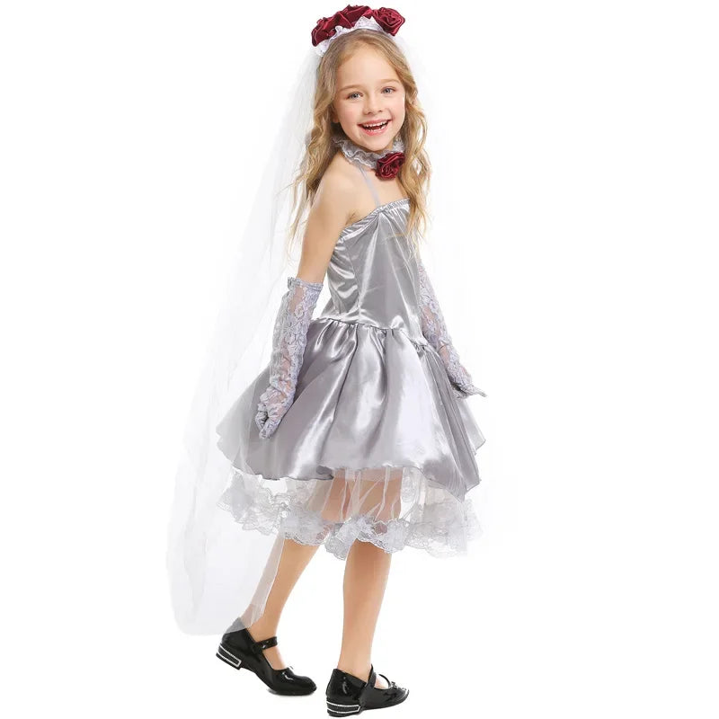 Girls Silver Gray Corpse Bride Cosplay Costume Angel Dress Kids Halloween Party Carnival Costume Fancy Dress