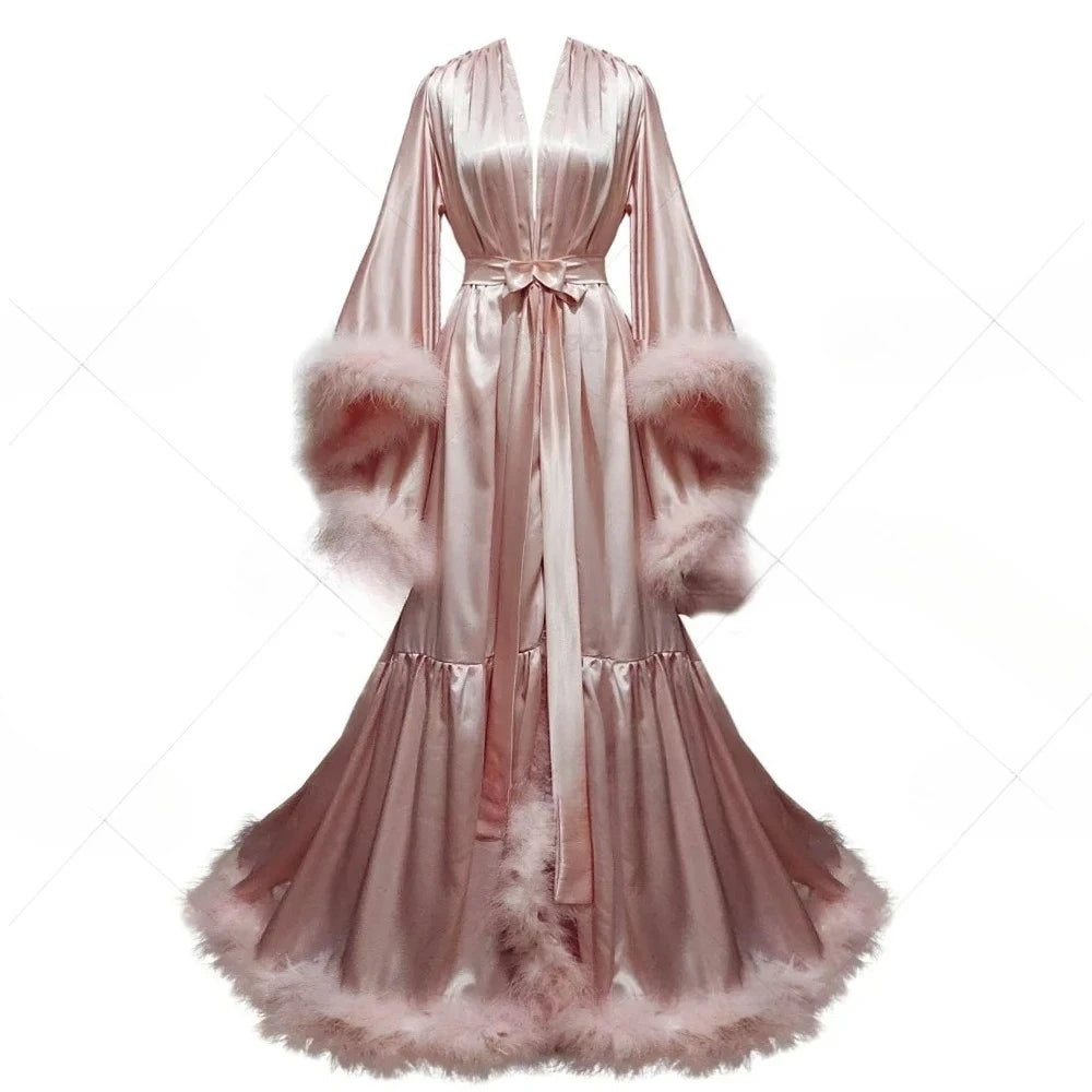 Customized Bathrobe for Women Flare Sleeves Feather Bridal Robe Nightgown Silk Long Wedding Scarf Dress Gown Photography Dress