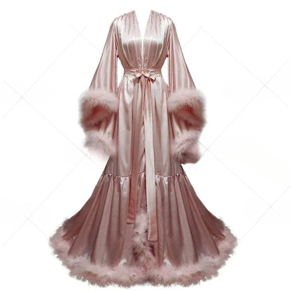 Customized Bathrobe for Women Flare Sleeves Feather Bridal Robe Nightgown Silk Long Wedding Scarf Dress Gown Photography Dress