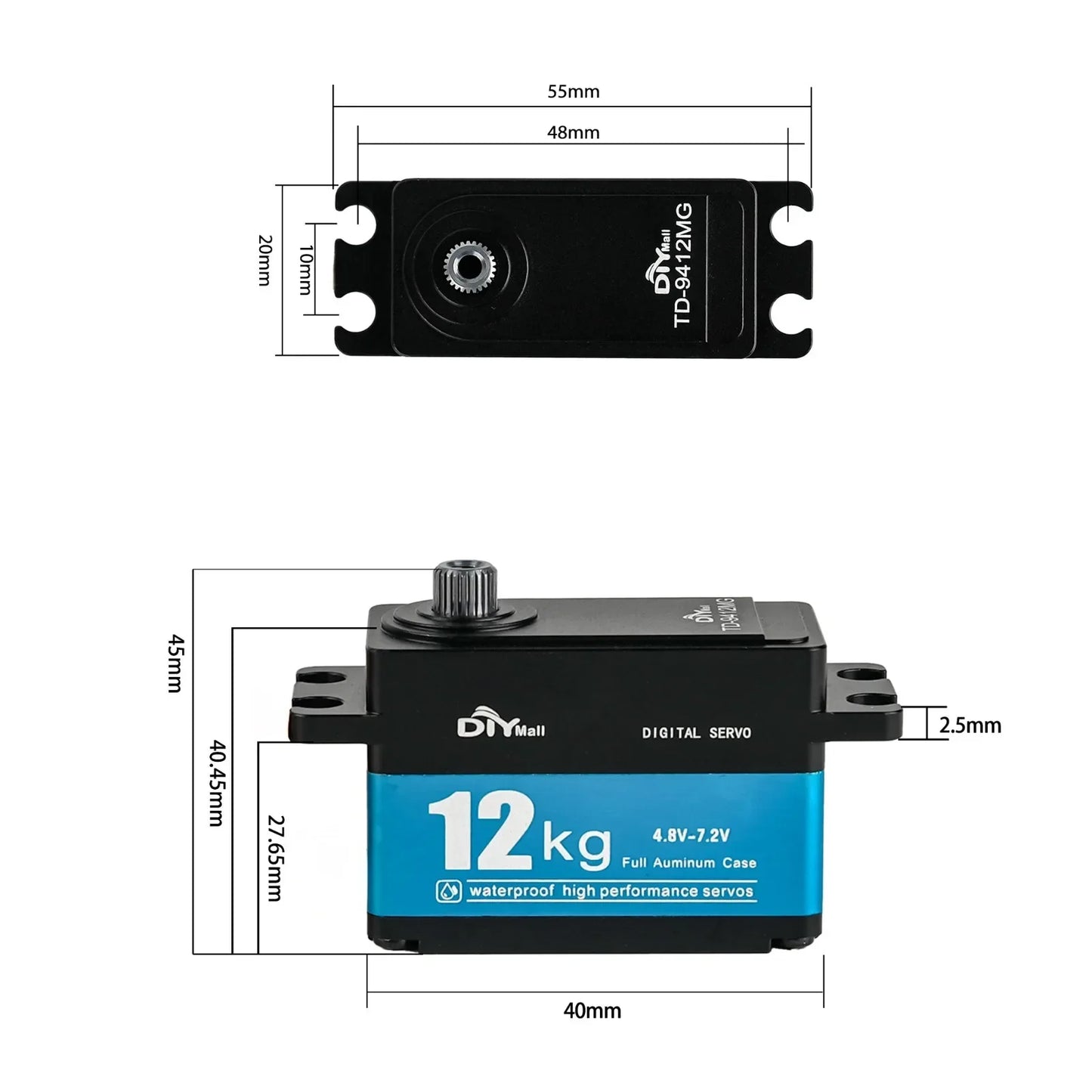 TD-9412MG Digital Servo 12KG High Torque Full Metal Carbon Brush Motor 180/270/360 Degree Short Model for 1:10 1:8 RC Car Robot