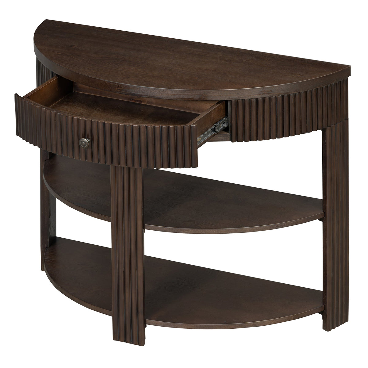 Fluted Half Moon Console Table with Drawer and 2 Shelves for Entryway,