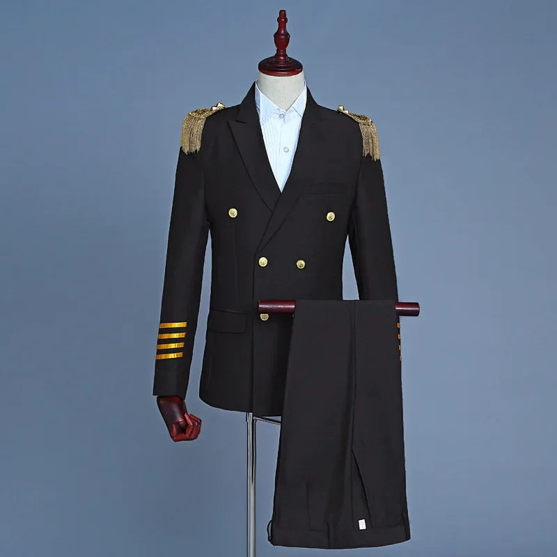 S-4XL Captain Officer Sailor Peacoat Costume Mens Blazer Suit Military Fringe Marching Band Jacket Uniform For Adult Coat+Pants
