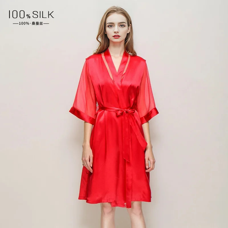 Midi Silk Nightgown 100% Mulberry Silk Sheer Lace Robe Sexy Nightwear Bathrobe Morning Gown Half Sleeves Satin Robes Lingerie