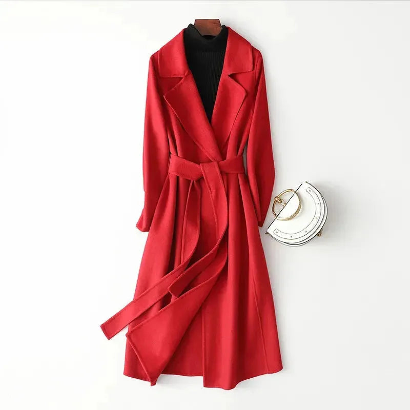 New Fashion Faux Woolen Coat Women Autumn Casual Solid Color Elegant Long Belt Wool Jacket Female Slim Overcoat Clothes B1384