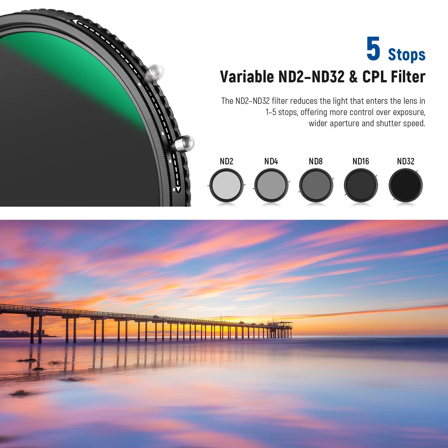 NEEWER 2 in 1 58mm Variable ND Filter ND2-ND32&CPL Circular Polarizer