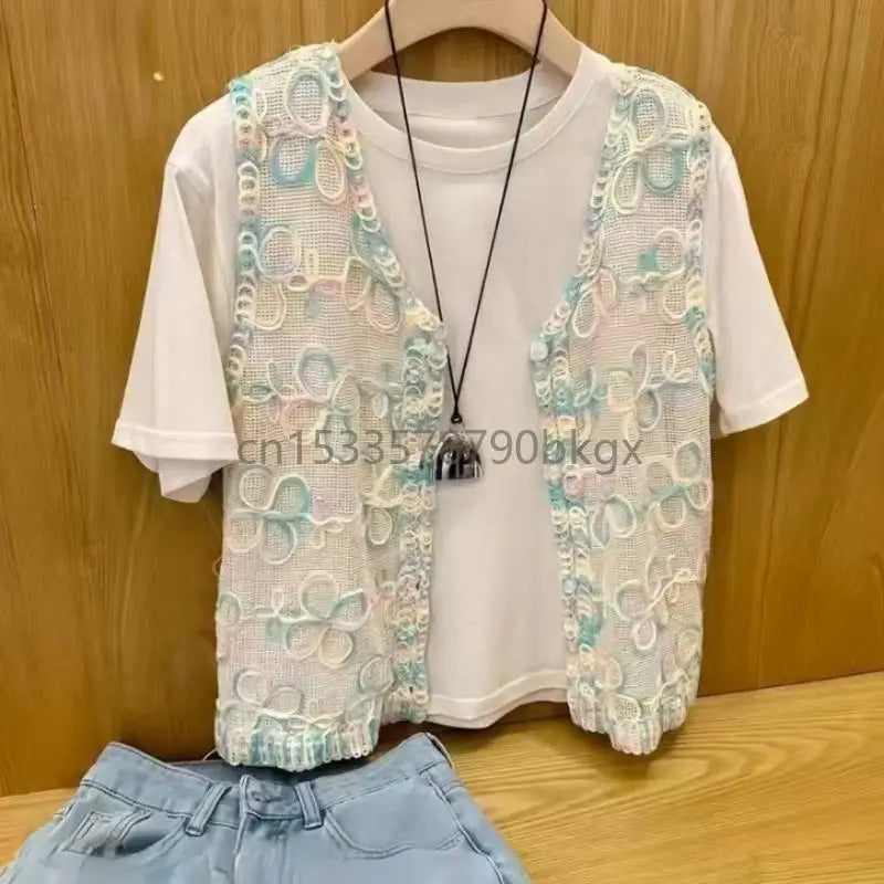 Summer Elegant Crochet Knit Flower Sleeveless Button Up Vest Cardigan for Women J78E