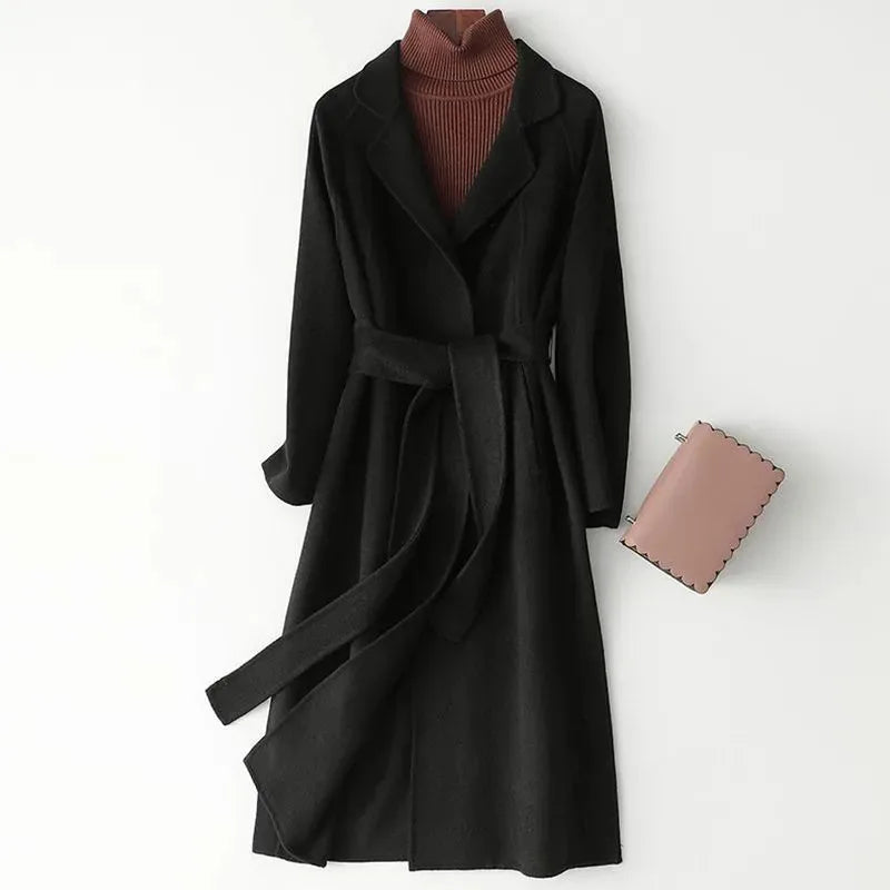 New Fashion Faux Woolen Coat Women Autumn Casual Solid Color Elegant Long Belt Wool Jacket Female Slim Overcoat Clothes B1384
