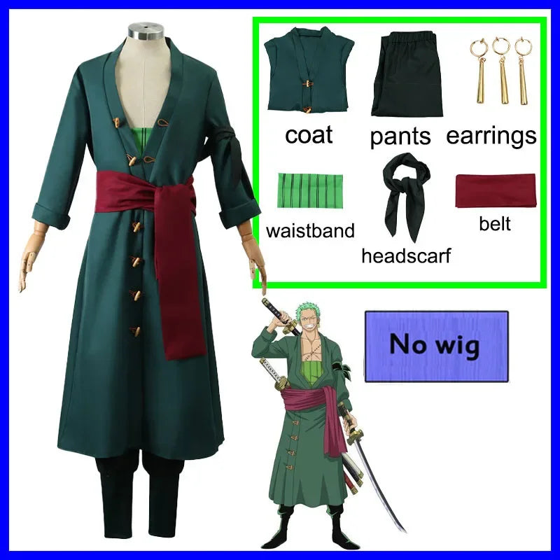 2025 ❤ New Anime Piece Pirate Cosplay Costume Roronoa Zoro Kostum Two Year Later Wig Earrings Black Green Coat Belt Pants ★★