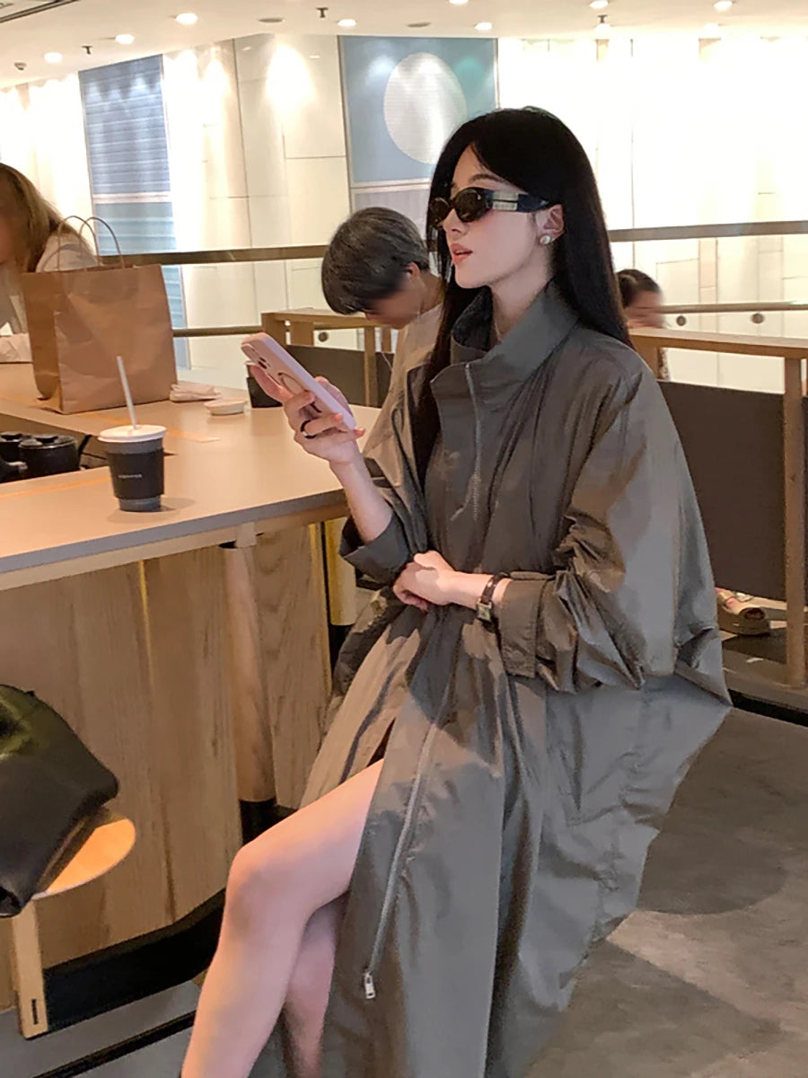 Lautaro Spring Autumn Long Waterproof Windproof Oversized Coat Women Stand Collar Zip Up Loose Casual Luxury Designer Clothes