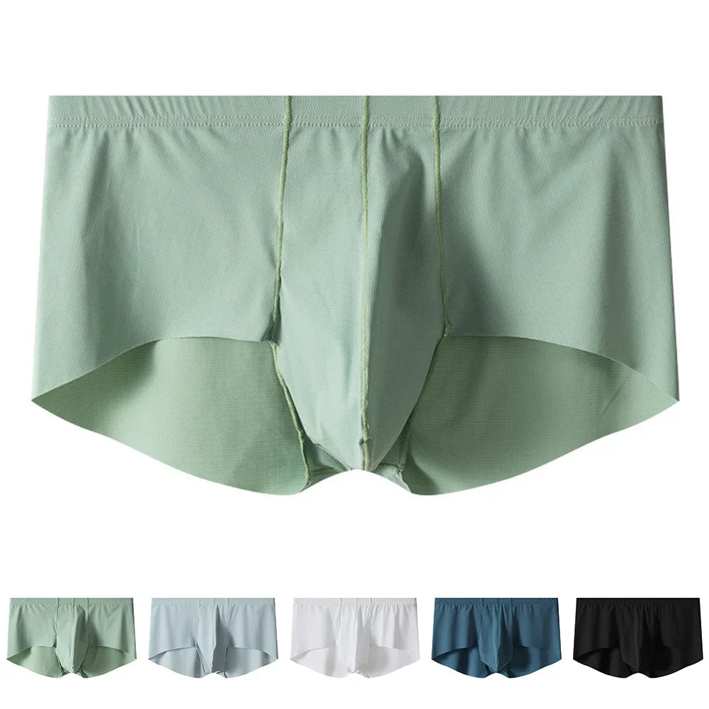 Mens Underwear Mid Rise Boxer Briefs Ice Silk Comfortable Sexy Lingerie Solid Color Underpants Large Size 4Size Men's Clothing