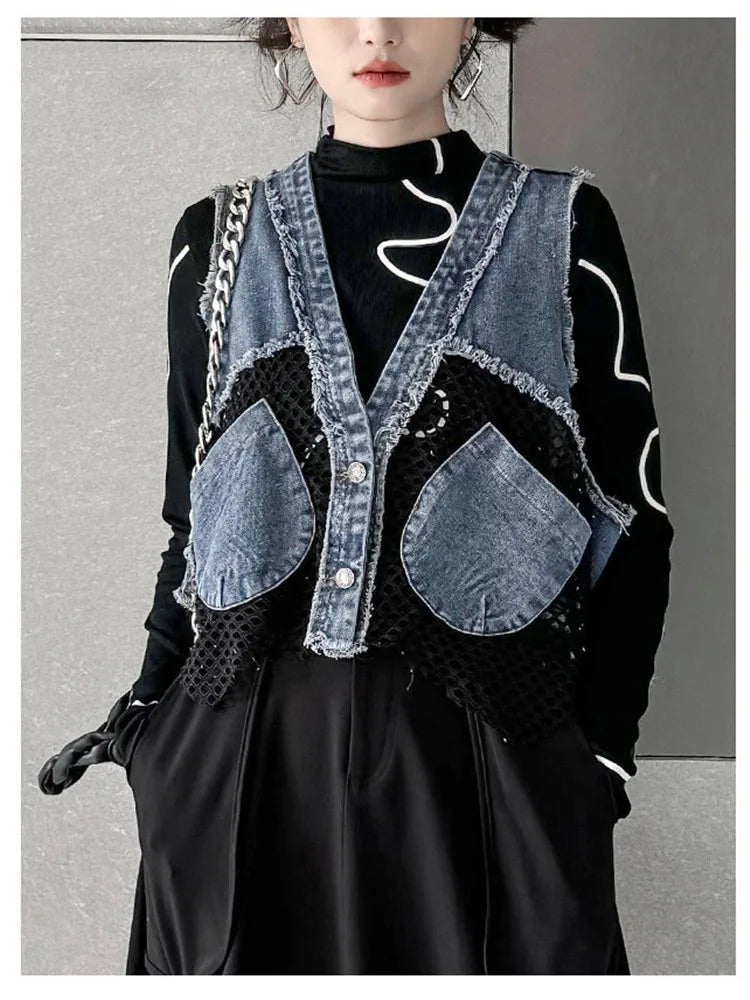 Grid Stitching V-Neck Denim Vest Women's Summer Fried Street Fashion Loose Burrs Short Sleeveless Vests Jackets Female