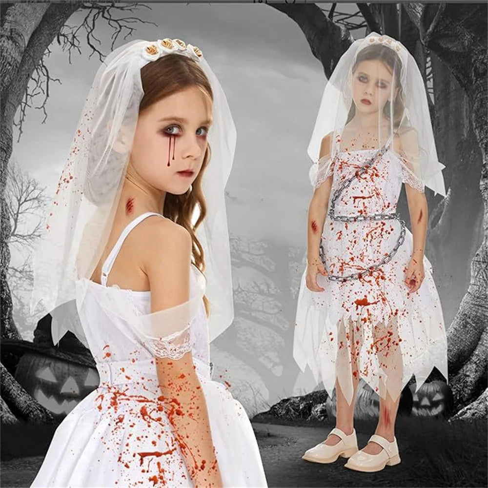 2025 Girls Halloween Party Ghost Bride Witch Ghost Dress Carnival Queen Performance Costume, Includes Headpiece and Skirt