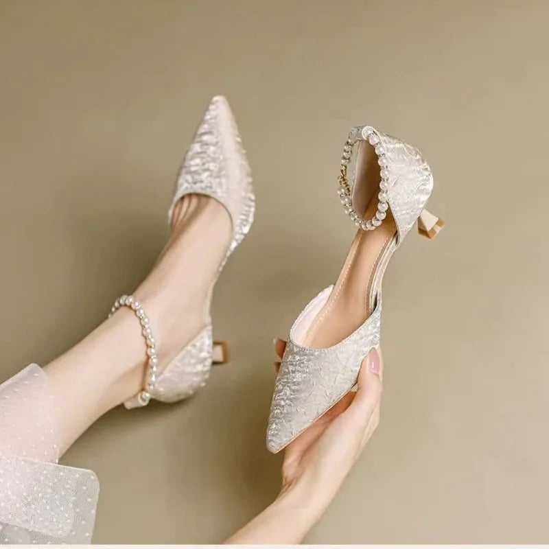 Women High Heel Pumps Size 34-42 Pearls Strap High Heels Lace Women White Wedding Shoes Stiletto Heel Point Toe Bride Bridesmaid