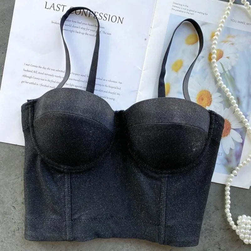 Women's Shiny Sexy Bra Corset Girls Push Up Cropped Tops Lady Halter Bling Bustier Tube Night Club Cool Camis Tanks Lingeries