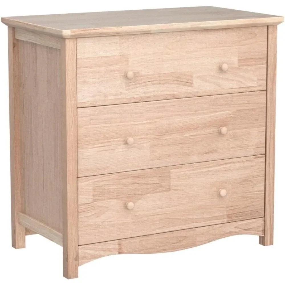 Unfinished Solid Wood Dresser Color DIY, 3 Drawer Dresser for Bedroom, Natural Rubber Wood Chest of Drawers, Baby Dressers