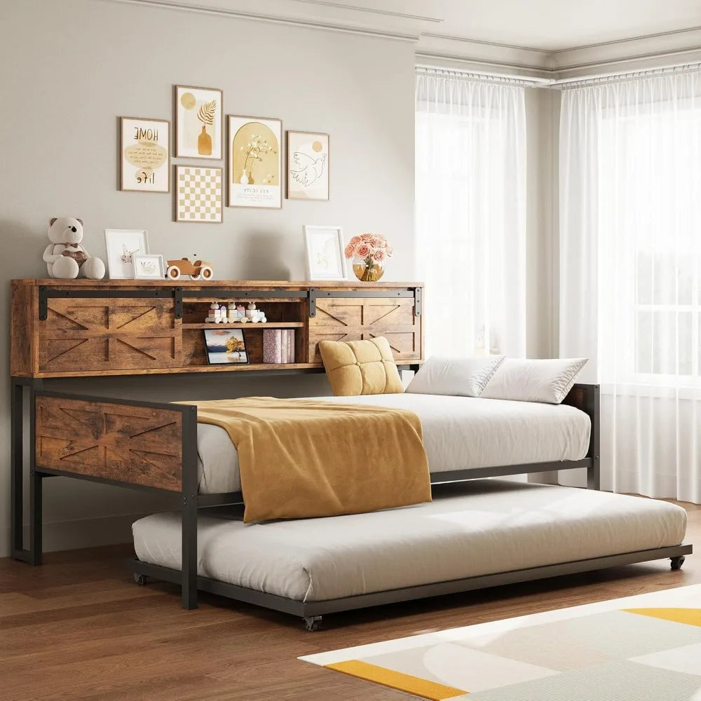 Daybed with Trundle, Rustic Bed Twin with Storage and Charging Station for Living Room, Bedroom and Guest Room