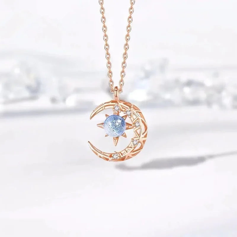 Charm Star Moon Pendant Necklace for Women Elegant Stainless Steel Rhinestone Chain Chokers Luxury Wedding Bride Jewelry Gifts