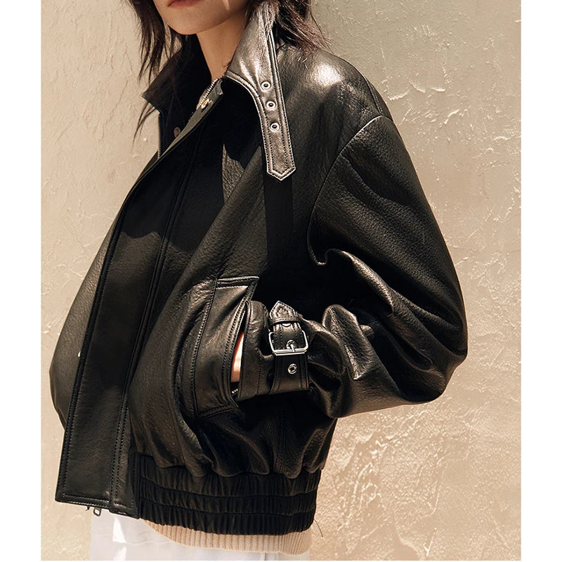 Leather Jacket for Women Short Silm Harajuku Locomotive Casacos Feminino Foamed Sheepskin Single-Breasted Square Collar Outwears