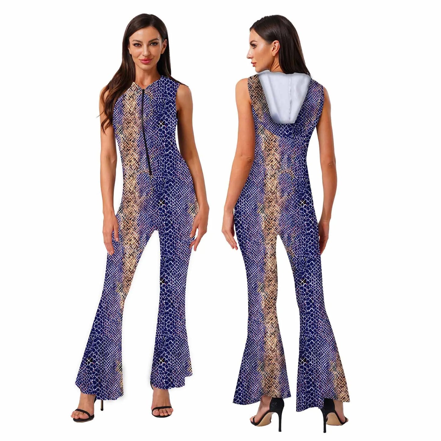 Women Halloween 90s Disco Hippie Cosplay Costume Sleeveless Zipper Printed Bell-Bottom Hooded Jumpsuit for Theme Party Carnival