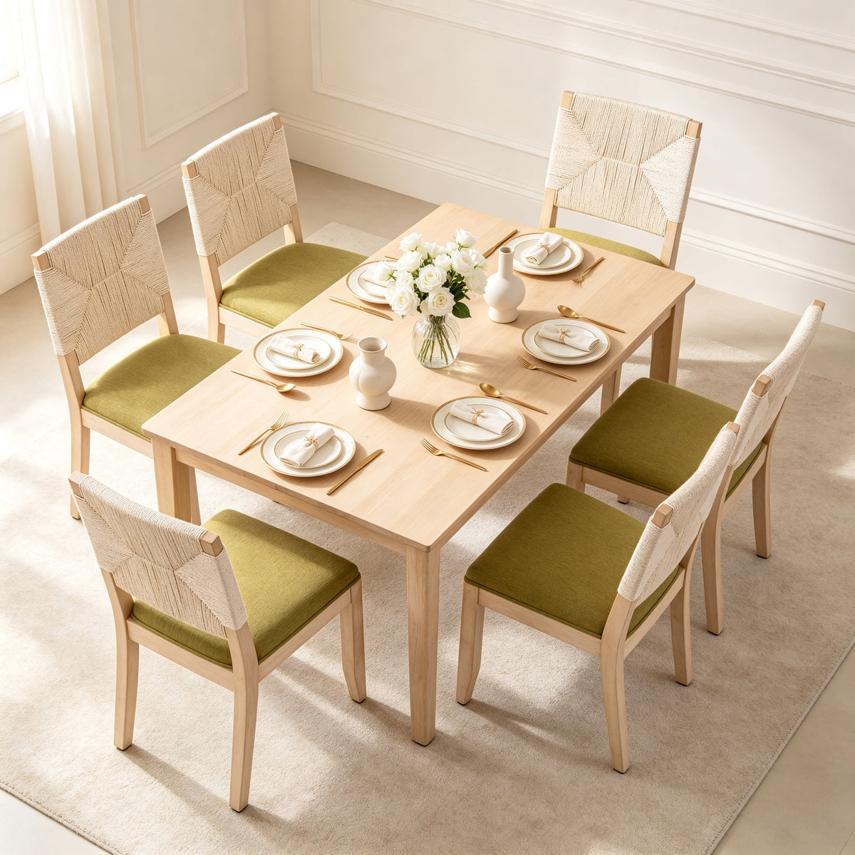Dining Chairs Set of 2 with Woven Rope Backs and Linen Seats, French