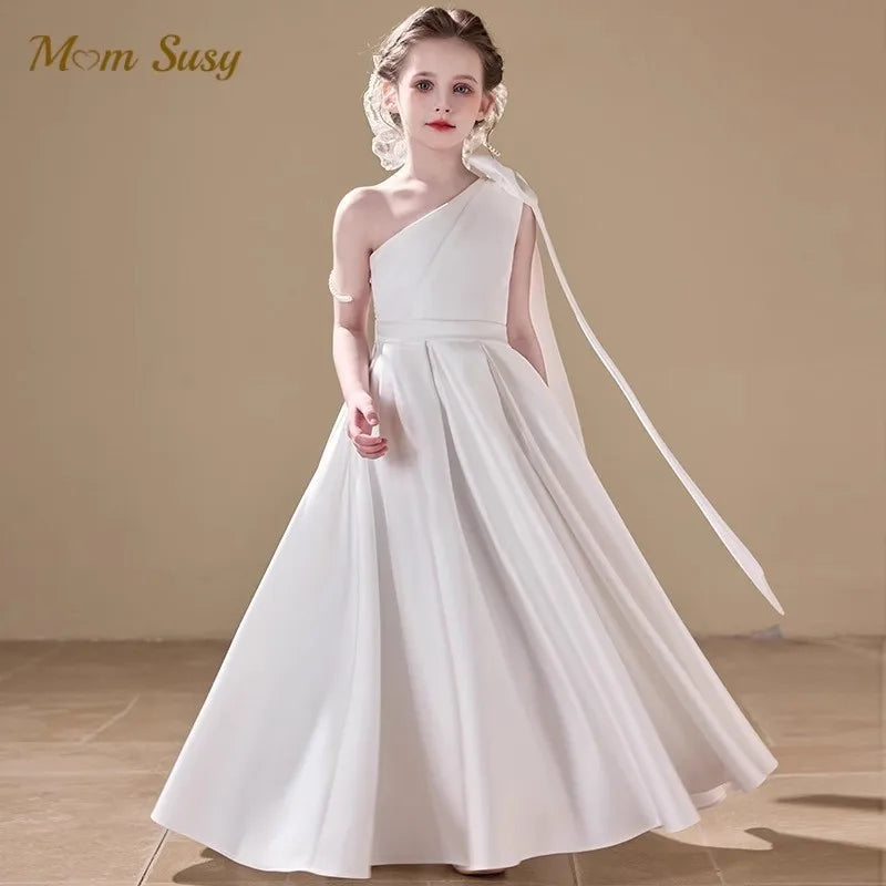 Fashion Baby Girl Princess Bow Satin One Shoulder Long Dress Child Elegant Vestido Wedding Party Birthday Baby Clothes 1-14Y