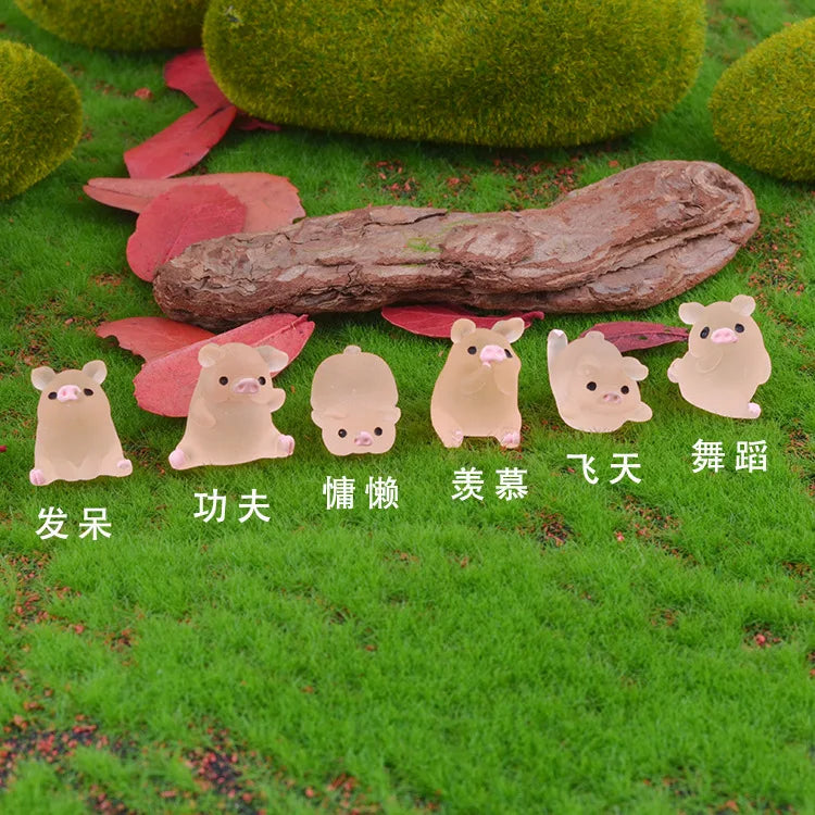 6Pc/set Mini Resin Glow Pig Mini Portrait Mini Fairy Garden Landscape Aquarium Decorative Pot DIY Christma Birthday Party Decor