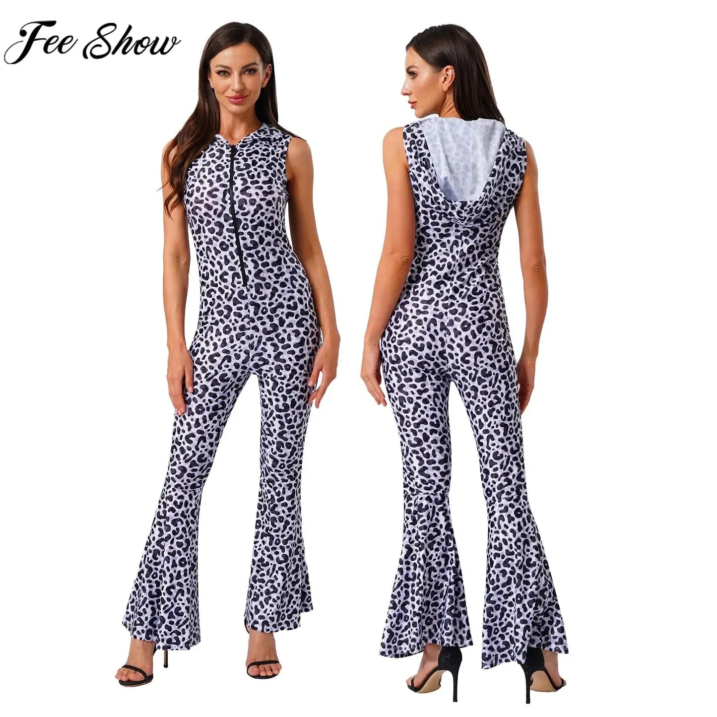 Women Halloween 90s Disco Hippie Cosplay Costume Sleeveless Zipper Printed Bell-Bottom Hooded Jumpsuit for Theme Party Carnival