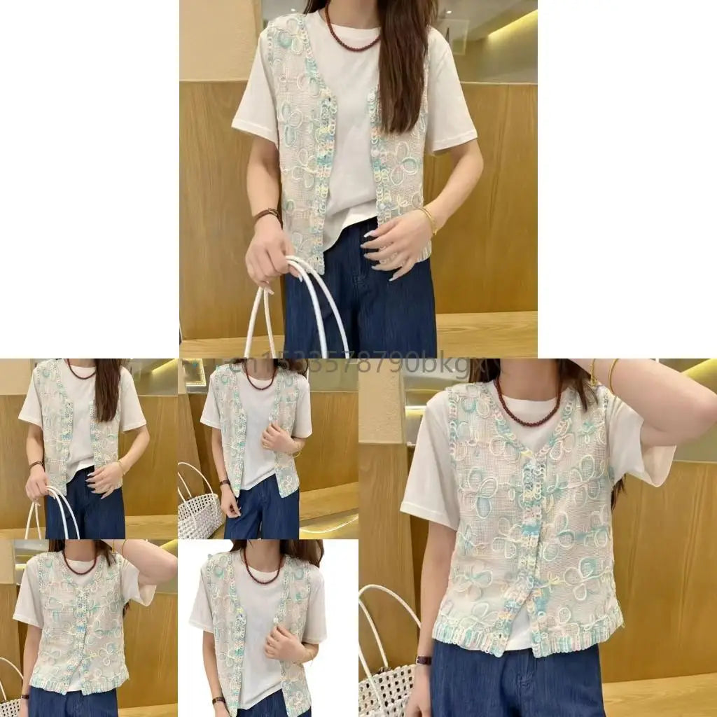 Summer Elegant Crochet Knit Flower Sleeveless Button Up Vest Cardigan for Women J78E