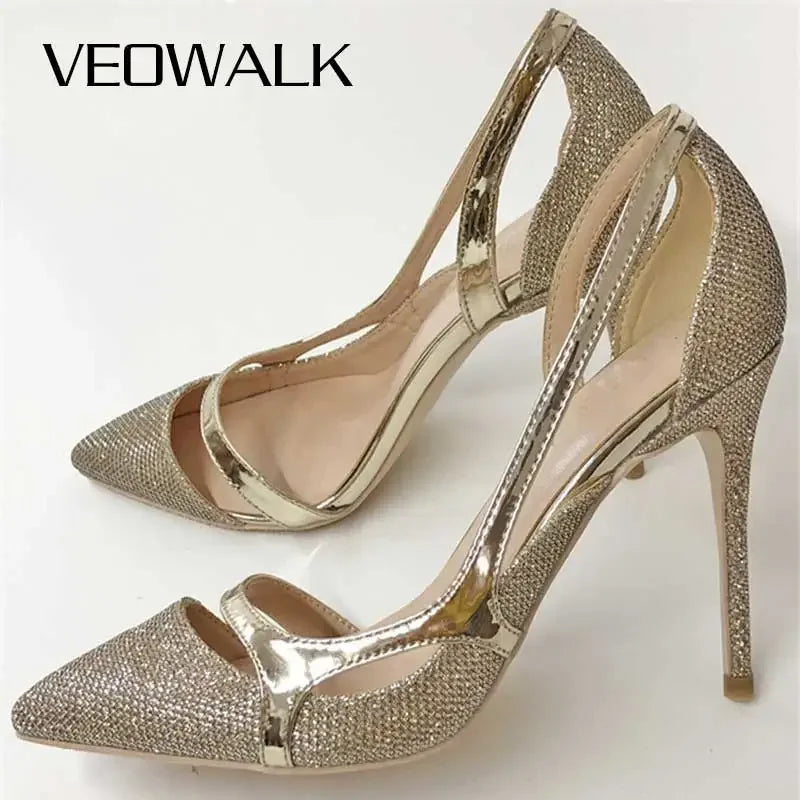 Veowalk 12cm 10cm Gold Glitter Women Sexy D'Orsay High Heels Ladies Bride Wedding Shoes Shiny Sparkle Pointed Toe Stiletto Pumps