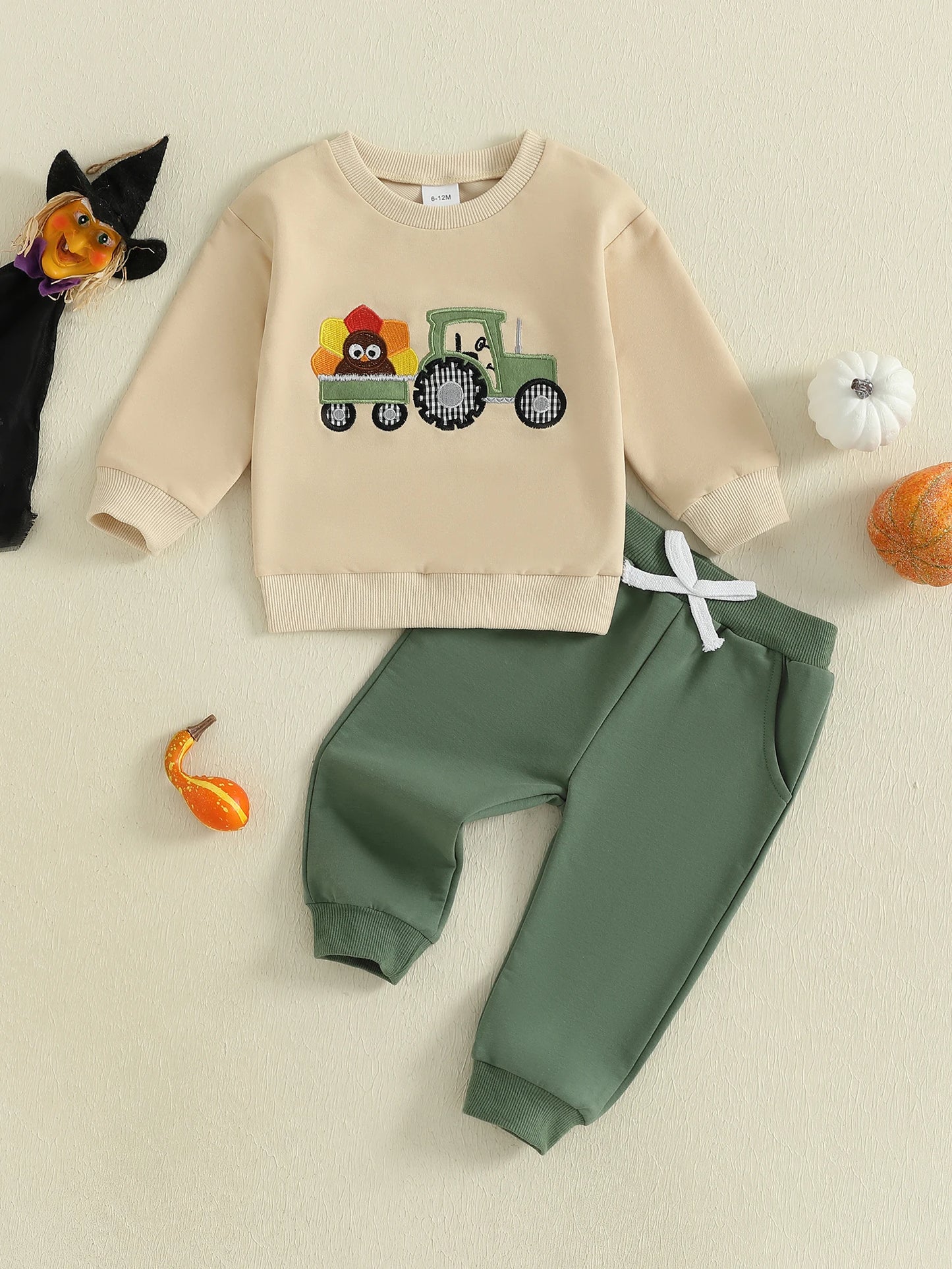 Toddler Girl Thanksgiving Outfit Turkey Pumpkin Embroidery Long Sleeve Shirt and Elastic Leggings 2 Piece Set for Fall
