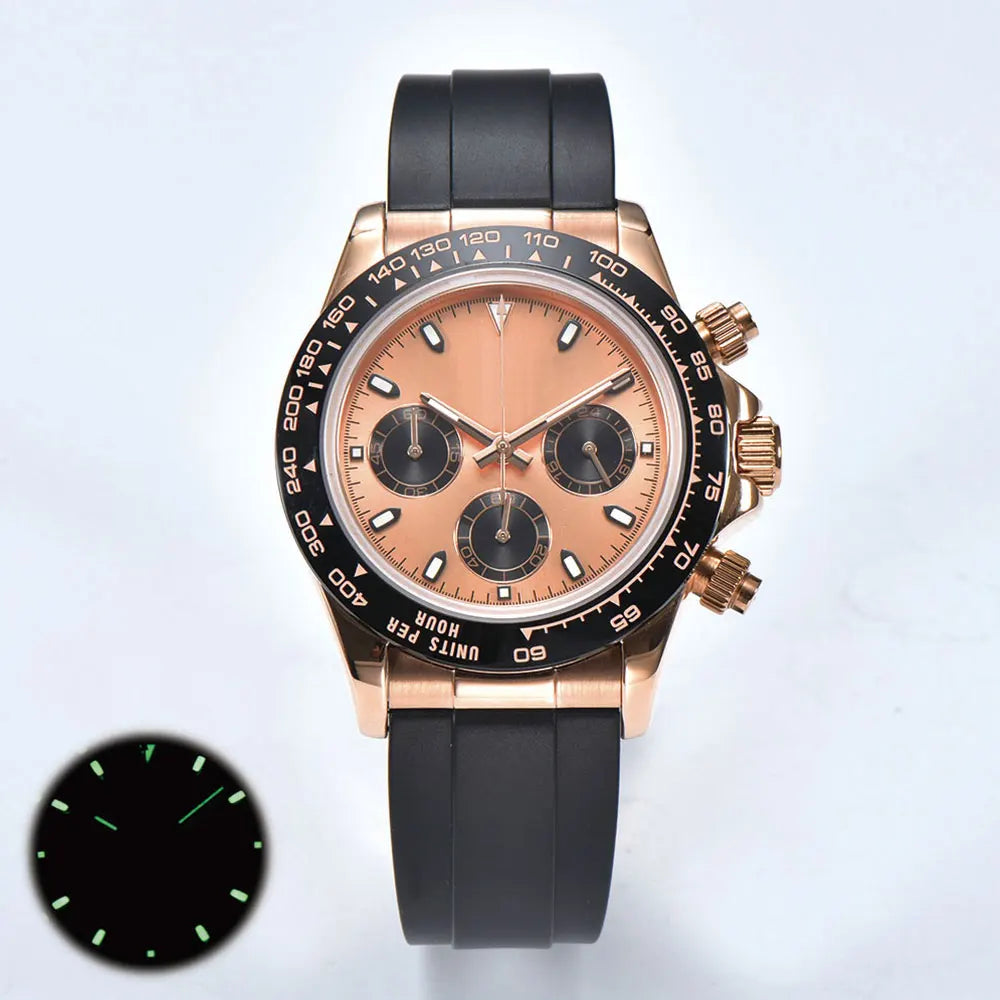Luxury rose gold men's wristwatch VK63 movement chronograph sapphire glass rubber strap business men's waterproof wristwatch