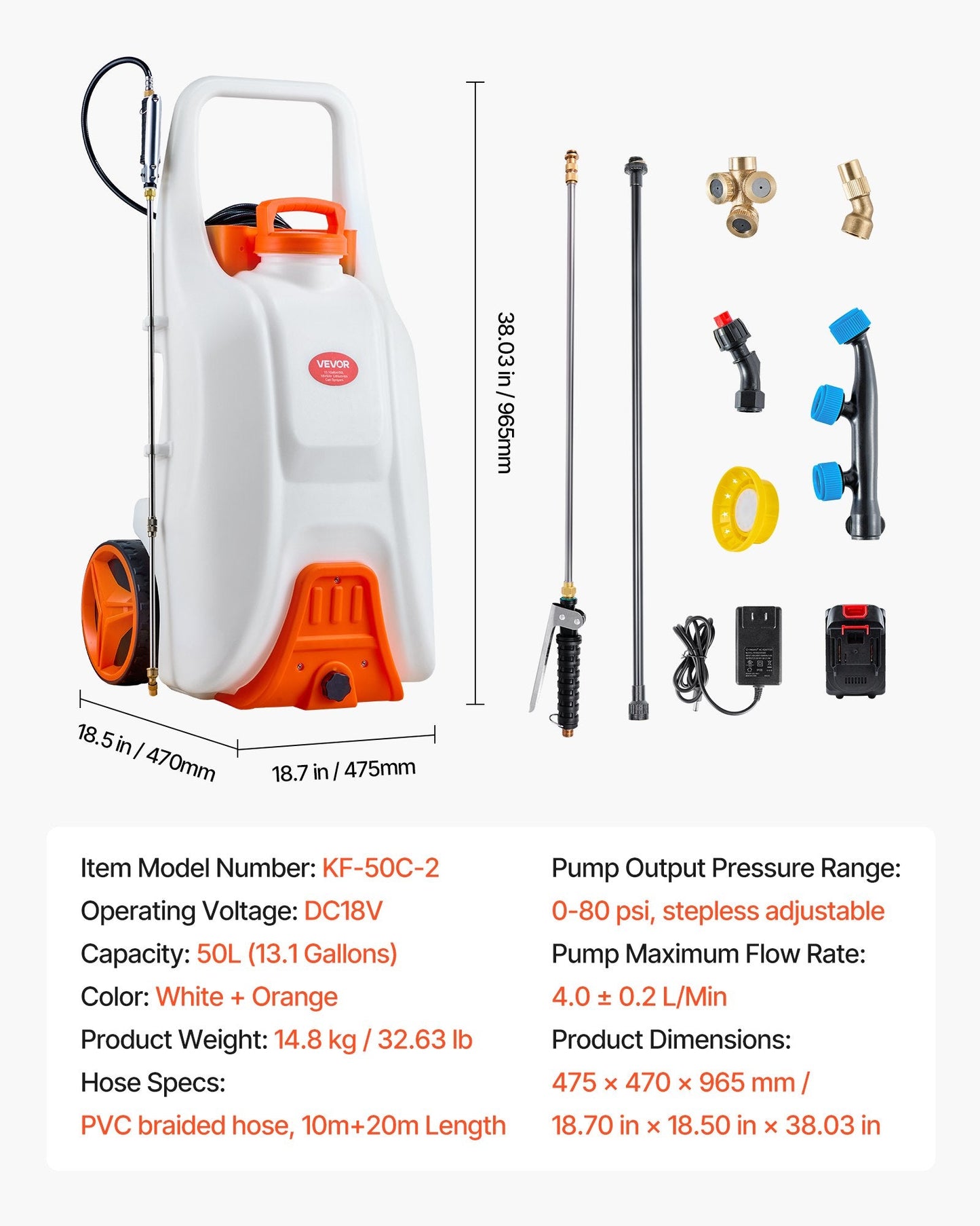 13.1Gal Battery Powered Sprayer With Cart Wheeled 0-80 PSI Electric