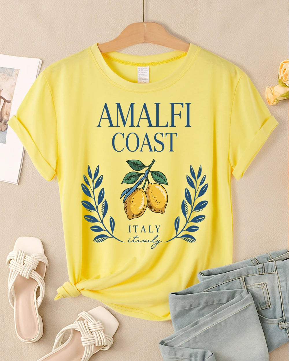 Amalfi Coast Lemon From Italy Printing Retro T-Shirts Women Breathable O-Neck Tee All-Match Soft Top Casual Female Short Sleeve