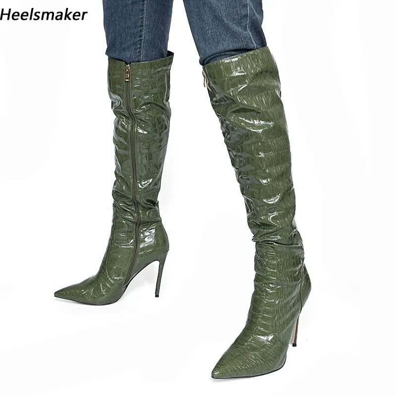 Sukeia New Women Winter Knee Boots Stone Pattern Stiletto Heels Pointed Toe Gorgeous Green Club Shoes Ladies US Size 4-15