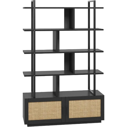 5-Tier Rattan Bookshelf with Storage Cabinet Door 71.1-Inch Tall Industrial Bookcase for Living Room Black Metal Frame Woven Ra