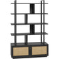 5-Tier Rattan Bookshelf with Storage Cabinet Door 71.1-Inch Tall Industrial Bookcase for Living Room Black Metal Frame Woven Ra