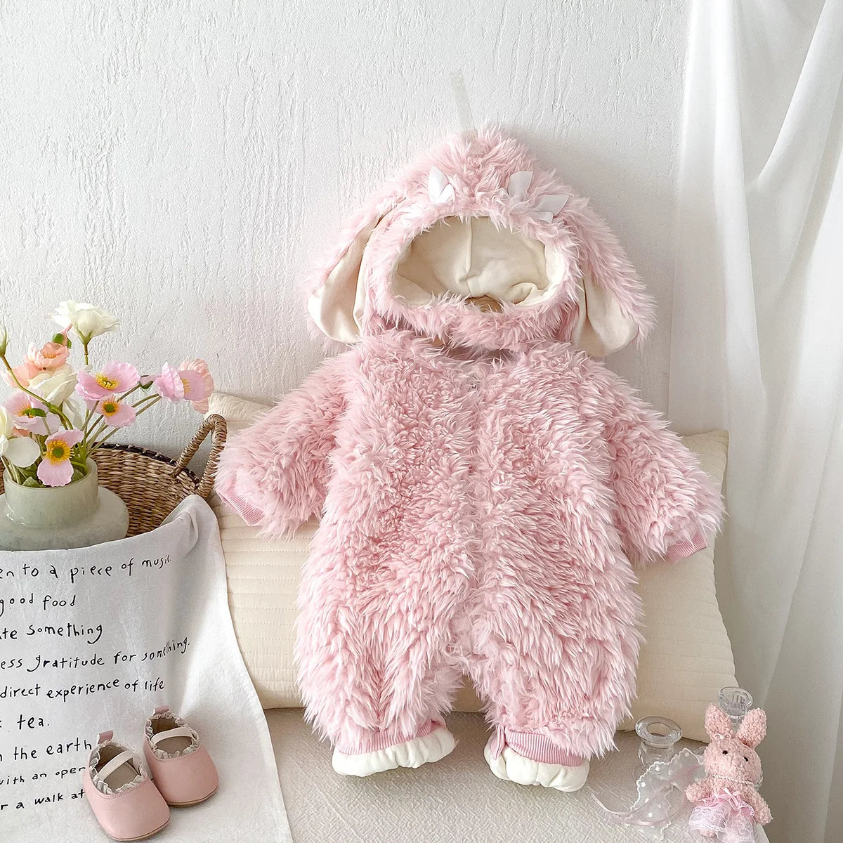 Cekcya Winter Warm Baby Cartoon Rabbit Hooded Romper Infant Girls Thick Coat Jumpsuit Newborn Clothes Soft Pajama Overalls