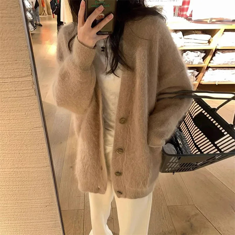 Cardigan Knit Sweater Women Single Breseted V Neck Coat Solid Long Sleeve Splice Jumpers Elegant Coat Loose Autumn Winter