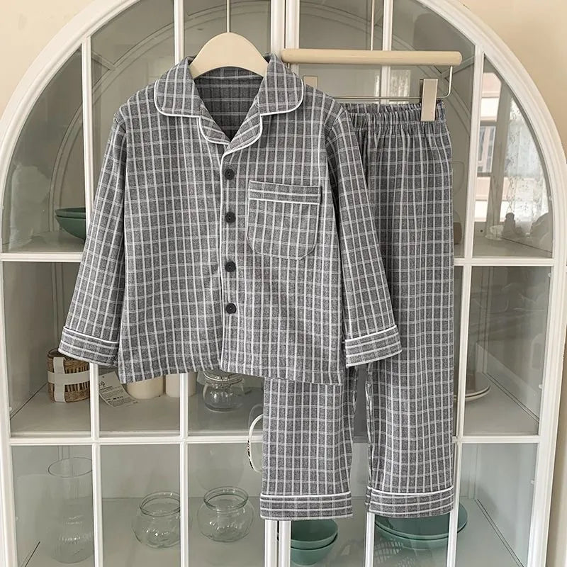 Baby Girl Boy Plaid Pajamas Set Toddler Teens Child Sleepwear Solid Kids Home Suit Spring Autumn Winter Baby Clothes 3-14Y