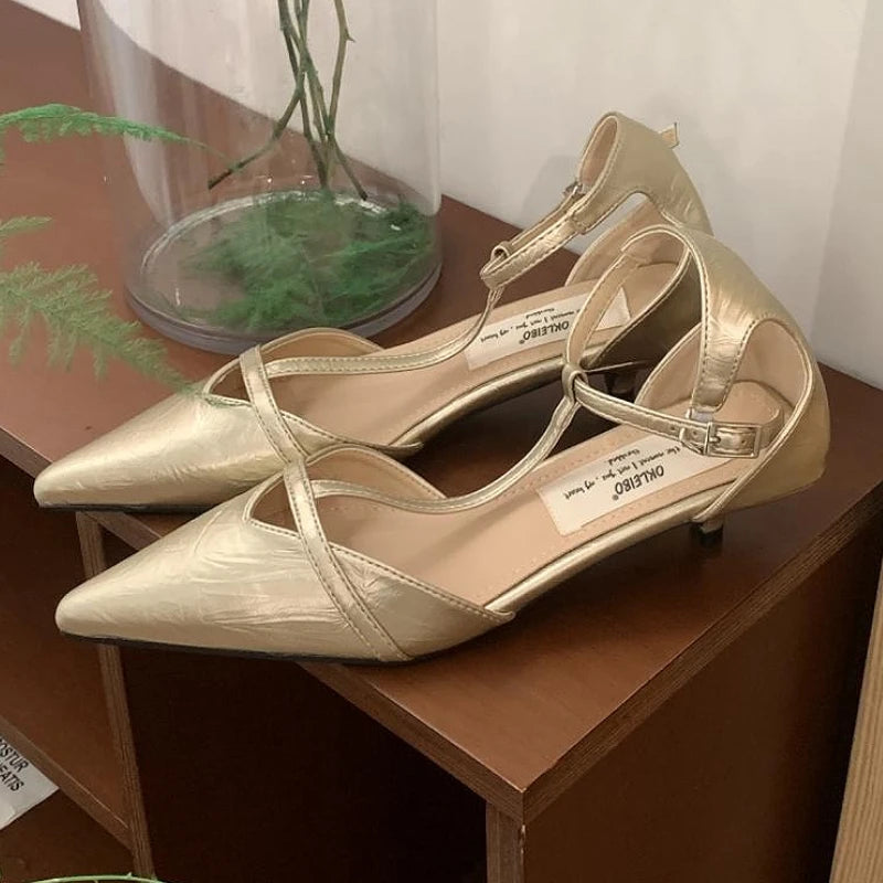 Fashion Pointed Toe Pumps Women Sandals Elegant Hollow Gold High Heels Ladies Footwear Summer New T-strap Sexy Office Women Shoe