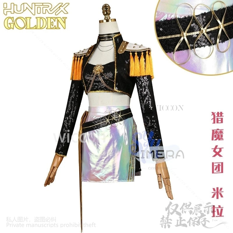 Kpop Demon Mira Huntrix Cosplay Golden Stage Costume Korea Idol Girls Uniform Black Punk Coat Mini Dress Lolita 코스프레 Halloween