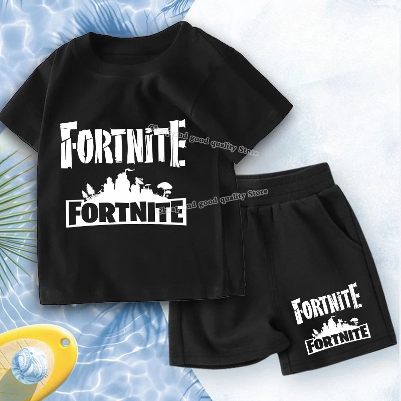 FORTNITED Anime Boy Summer T-shirt Set Kid Cotton Clothes 2pcs Short Baby Tops +Shorts Set Tee Sport Tracksuit Summer Outfits