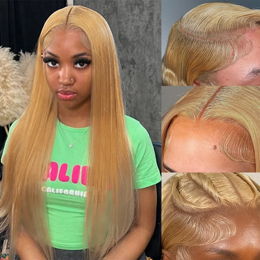 13x4 Honey Blonde Straight Wig Human Hair 180% Density #27 Colored Brazilian Transparent Lace Frontal  Straight Wigs Human Hair