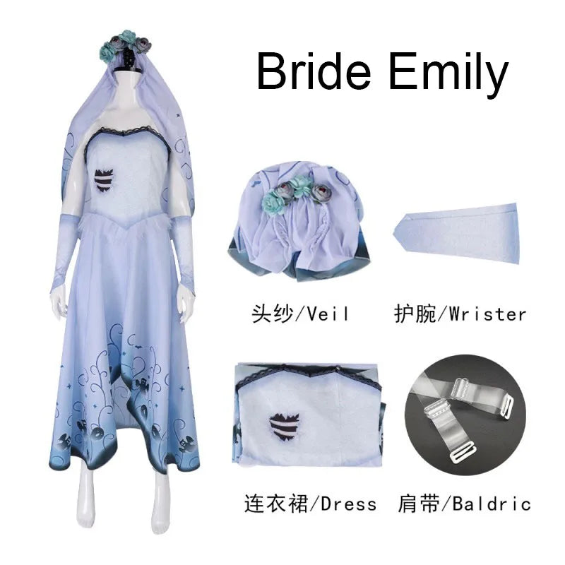 Halloween Costumes Corpse Emily Cosplay Dresses Ghost Bride Emily's Wedding Dress Horror Movie Party Women's Dressing Up