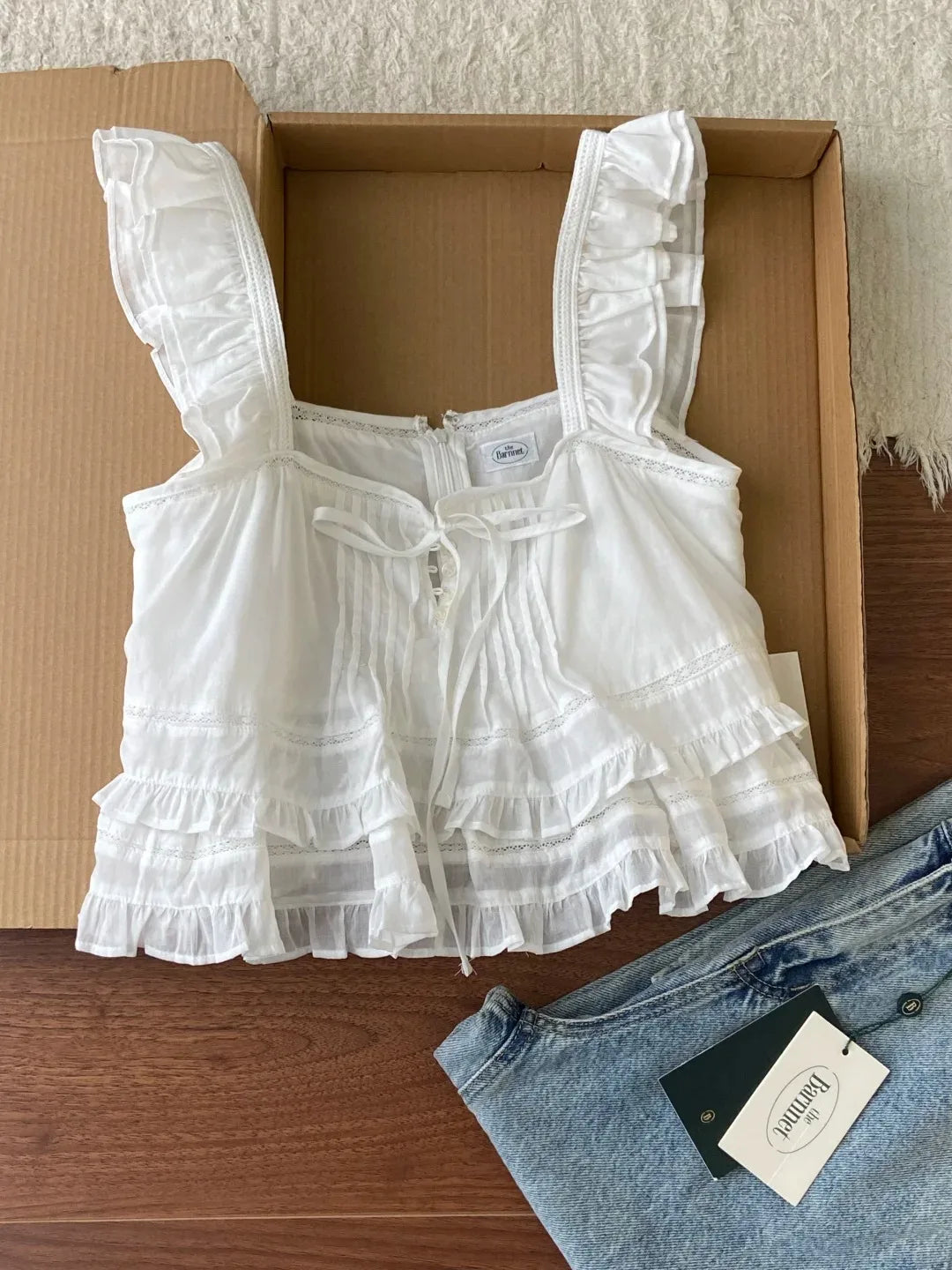 Theb*rnnet Pure Desire Sweet Wood Ear Lace Strap Korean Sle ort Cotton Vest for Women Summer Collection 2025