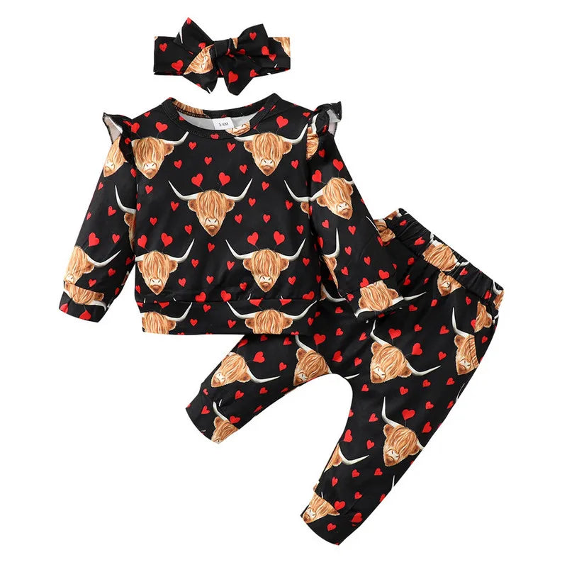Newborn Baby Girl Pant Sets Autumn Clothes Heart Long Flying Sleeves Tops and Pants Bow Headband Baby Items Clothing