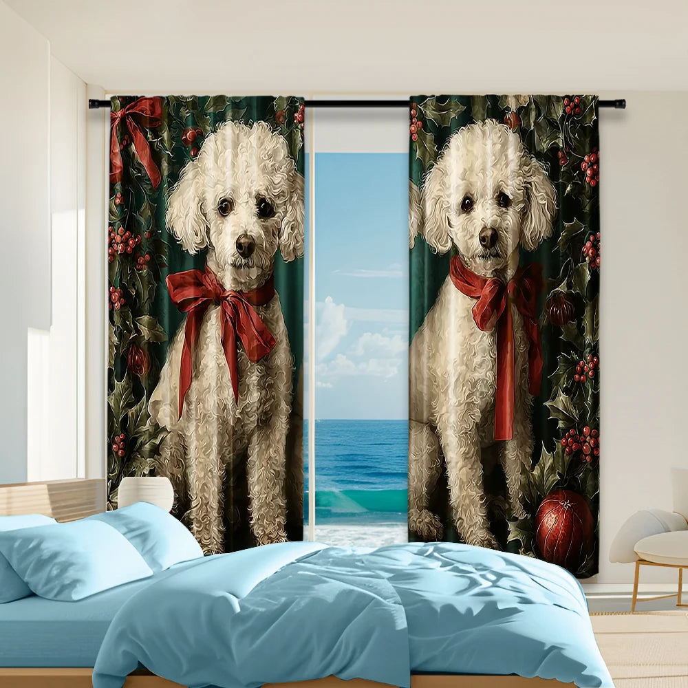 2pcs 2D flat printing Window Curtains Christmas Dog Versatile 100% Polyester Without Electricity Versatile for Classroom Office