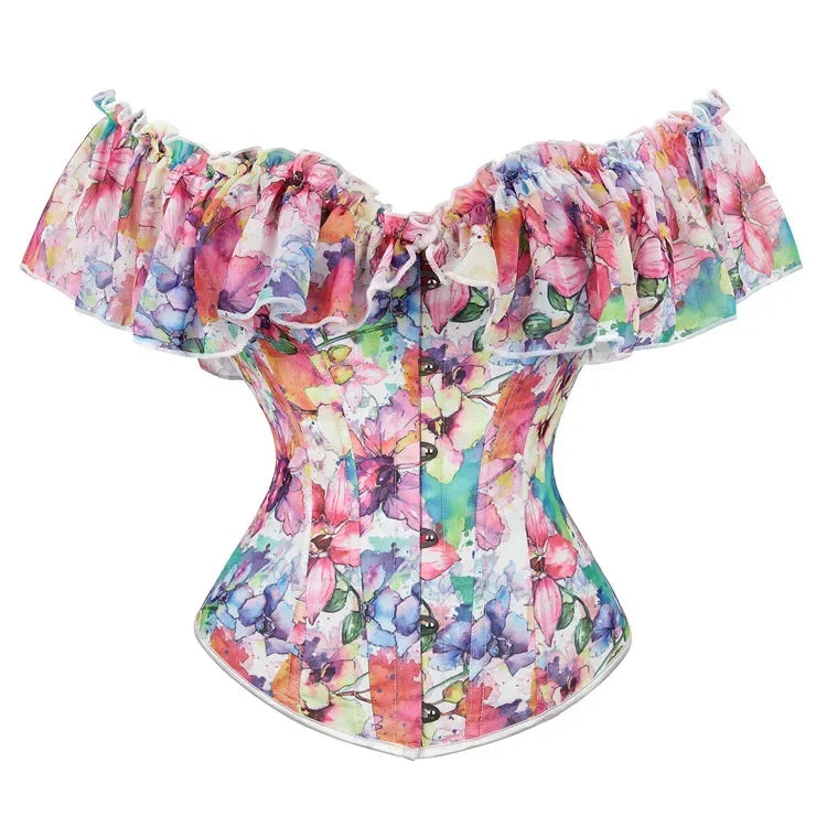 Sexy Women Off Shoulder Corset with Floral Lace Sleeve Lace Up Bustier Fishbone Overbust Corset Bodyshaper Lingerie Top