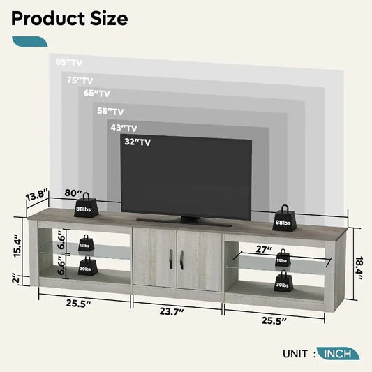 TV stand for 75-86 inch TVs in wash white finish, engineered wood with tempered glass shelves, modern living room bedroom gamin